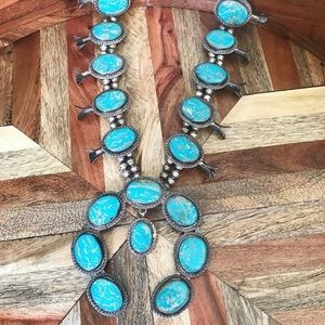 Huge Vintage Turquoise Squash Blossom Necklace